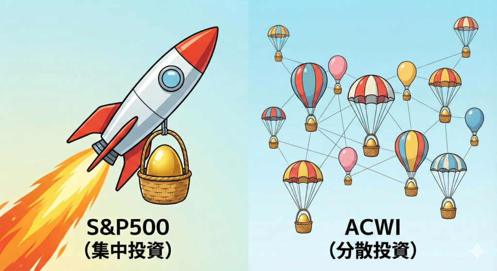 S&P500の集中投資とオルカンの分散投資のリスクイメージ