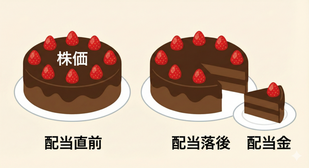 配当金が出ると株価が下がる「配当落ち」をホールケーキで解説した図