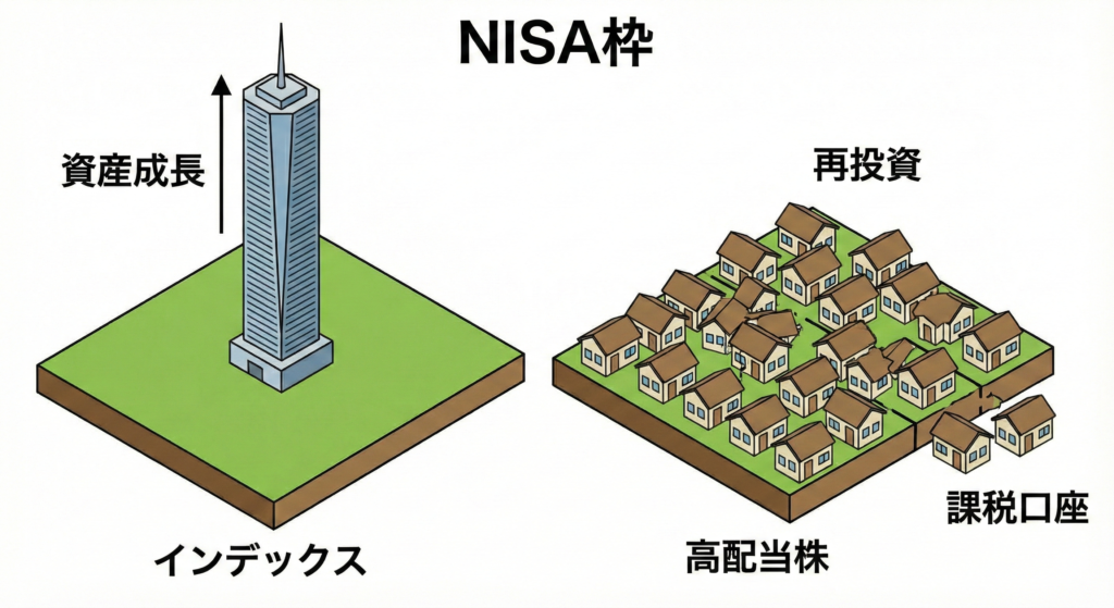 NISA枠を有効活用するインデックス投資と枠を浪費する高配当再投資の比較図