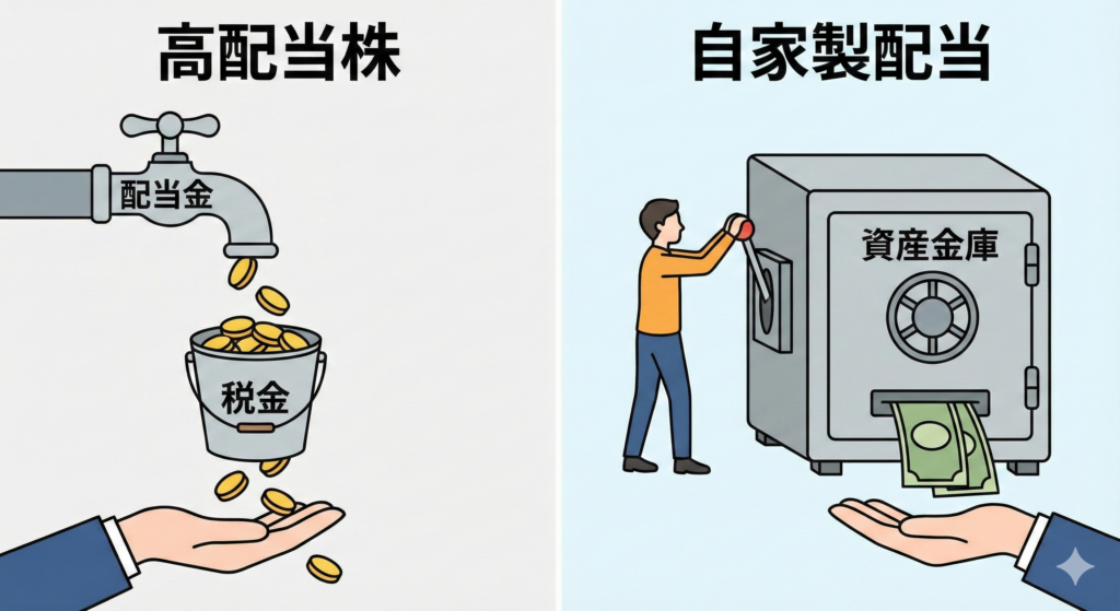 勝手に税金が引かれる高配当株と必要な時に取り崩す自家製配当の比較イメージ