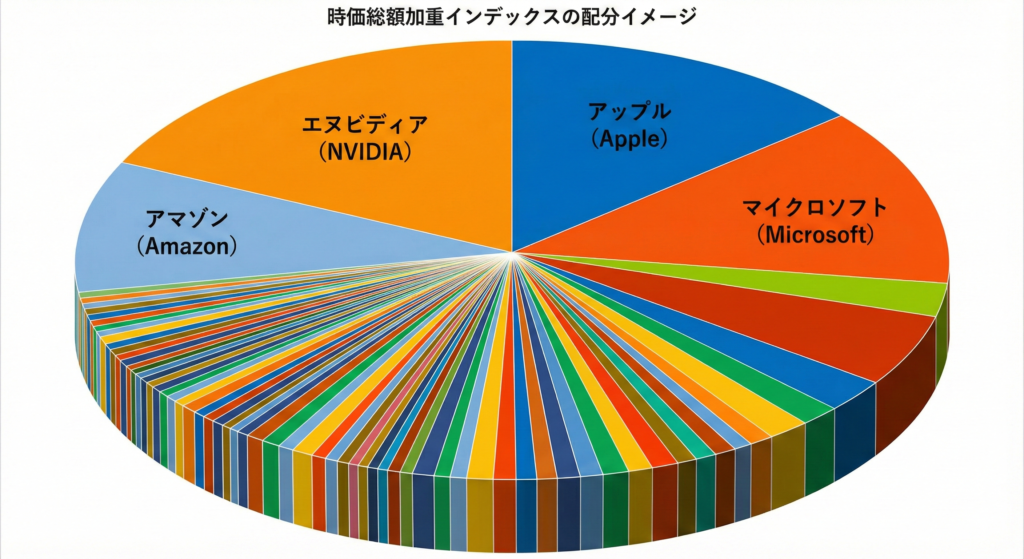 S&P500における時価総額加重平均の構成比率イメージ図。Apple、Microsoft、NVIDIAなどの巨大企業が大きな割合を占め、その他多数の企業が小さな割合で構成されている様子。