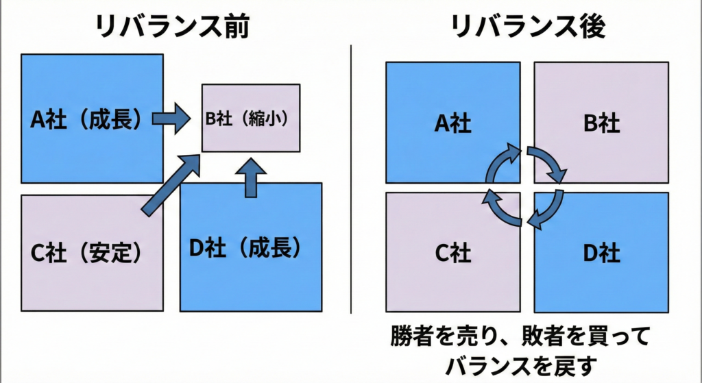 均等加重ポートフォリオにおけるリバランスの仕組み図解。値上がりした銘柄(勝者)を売り、値下がりした銘柄(敗者)を買い増すことで、構成比率を均等に戻す「逆張り」のメカニズム。