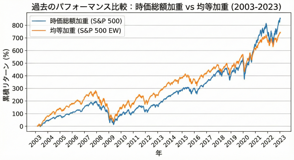 S&P500の時価総額加重(SPY)と均等加重(RSP)の過去約20年間のパフォーマンス比較チャート。2000年代は均等加重が優勢だが、直近数年は巨大ハイテク企業の躍進により時価総額加重が追い上げている推移。