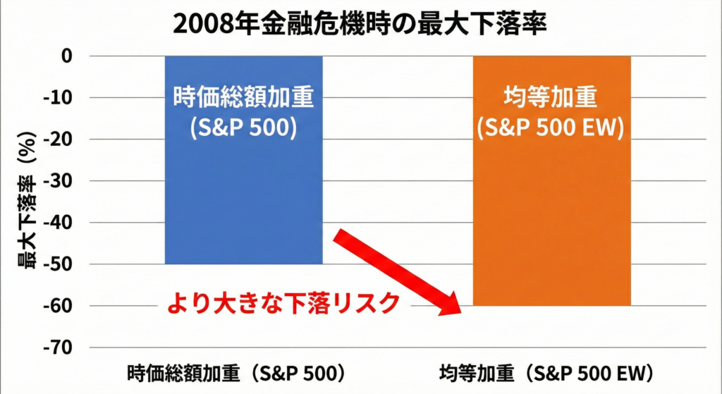 リーマンショック時(2008年)における最大下落率(ドローダウン)の比較棒グラフ。時価総額加重(S&P500)に比べ、均等加重の方が下落幅が大きく、暴落時のリスクが高いことを示している。