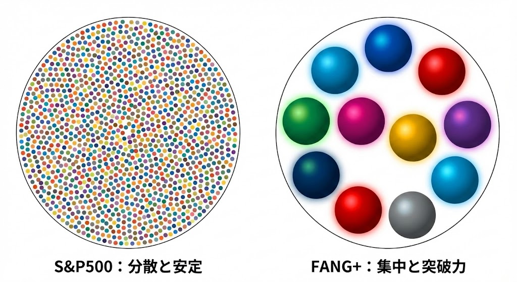 S&P500とFANG+の投資構造を比較したインフォグラフィック。左側の円には無数の小さな点が詰まっており『S&P500: 分散と安定』と記されているのに対し、右側の円には大きく輝く10個の球体のみが配置され『FANG+: 集中と突破力』と記されている。分散投資と集中投資のリスク・リターンの違いを視覚的に表現した図。