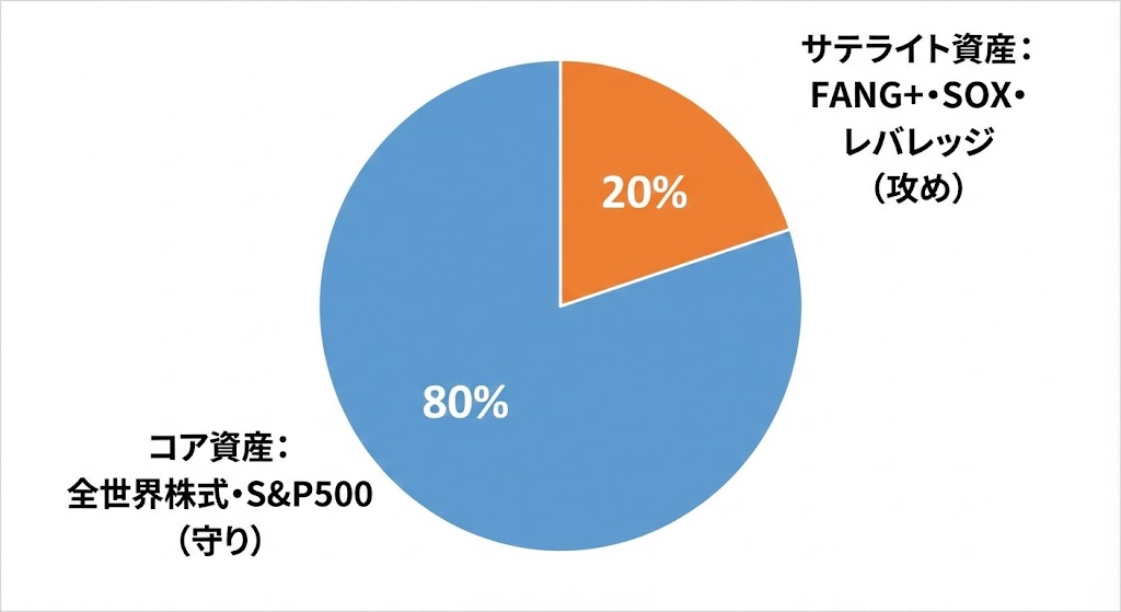 代替テキスト：コア・サテライト戦略の理想的な配分比率を示した円グラフ。全体の80%を占める青い領域は『コア資産: 全世界株式・S&P500 (守り)』とされ、残りの20%を占めるオレンジの領域は『サテライト資産: FANG+・SOX・レバレッジ (攻め)』と記されている。リスク管理の視覚的イメージ。