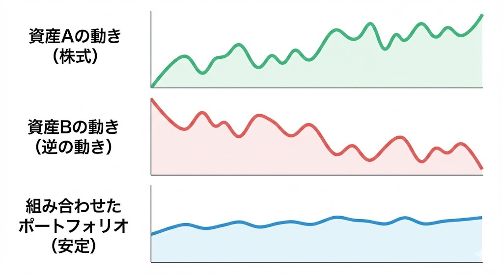 リスク分散のメカニズムを示す図解。上段に株式のような動きをする『資産A』、中段にそれと逆の動きをする『資産B』の波形グラフがあり、下段にそれらを組み合わせた『ポートフォリオ』の波形が描かれている。組み合わせた結果、全体の波の振れ幅（ボラティリティ）が小さく滑らかになり、安定した値動きになっている様子が視覚的に表現されている。