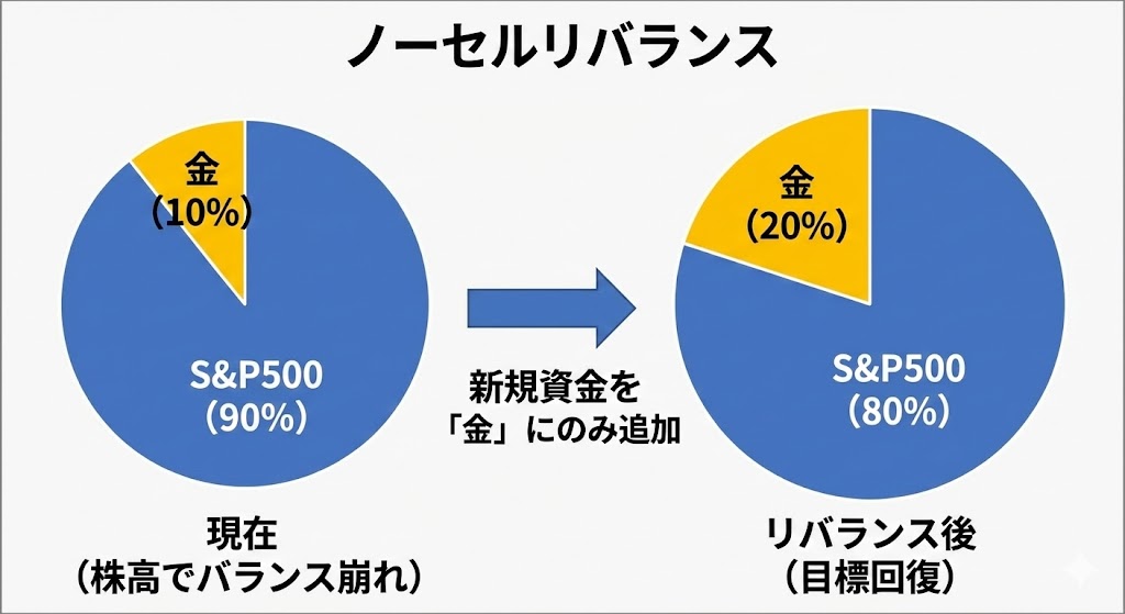 売却を伴わない『ノーセルリバランス』の手順を示す図解。左側の『現在』の円グラフは、株高によりS&P500の比率が90%に膨らみ、金の比率が10%に下がった状態。右側の『リバランス後』の円グラフは、新規資金を比率が下がった『金』だけに集中的に追加投資することで、S&P500を売却することなく、目標としていた80:20の比率に回復させた状態を示している。矢印は資金の追加投入による変化を表している。