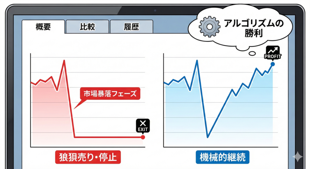 暴落時に「狼狽売り・停止」したケース（左・赤色）と、「機械的継続」したケース（右・青色）の資産推移を比較したシミュレーション結果のグラフ。「機械的継続」側には「アルゴリズムの勝利」という文字と歯車のアイコンが描かれている。