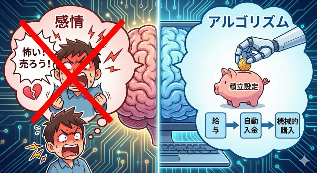 投資判断における「感情（恐怖や焦り）」をノイズとして排除し、給与からの自動入金や機械的な購入という「アルゴリズム」に置き換えるプロセスを描いた、脳内イメージのアニメ風イラスト。