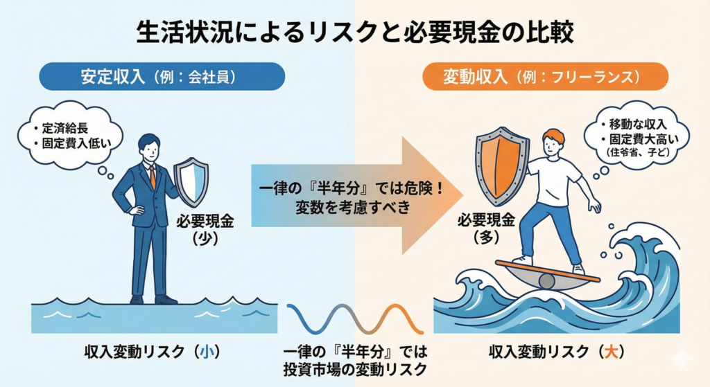 「生活状況によるリスクと必要現金の比較」を示すイラスト。左側の「安定収入（会社員など）」の人物は穏やかな波の上に立ち、小さな盾（必要現金：少）を持っています。右側の「変動収入（フリーランスなど）」の人物は荒波の上でバランスを取り、大きな盾（必要現金：多）を持っています。中央には「一律の『半年分』では危険！変数を考慮すべき」というメッセージがあり、生活環境によって必要な現金の準備量が異なることを視覚的に説明しています。