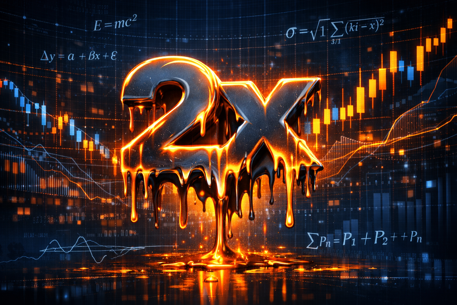 複雑な歯車や数式（E(x)=...）、下落する株価チャートが描かれた背景の上に、「逓減」という漢字が虫眼鏡で拡大されている、レバレッジ投資の数学的なリスクを象徴したアイキャッチ画像。