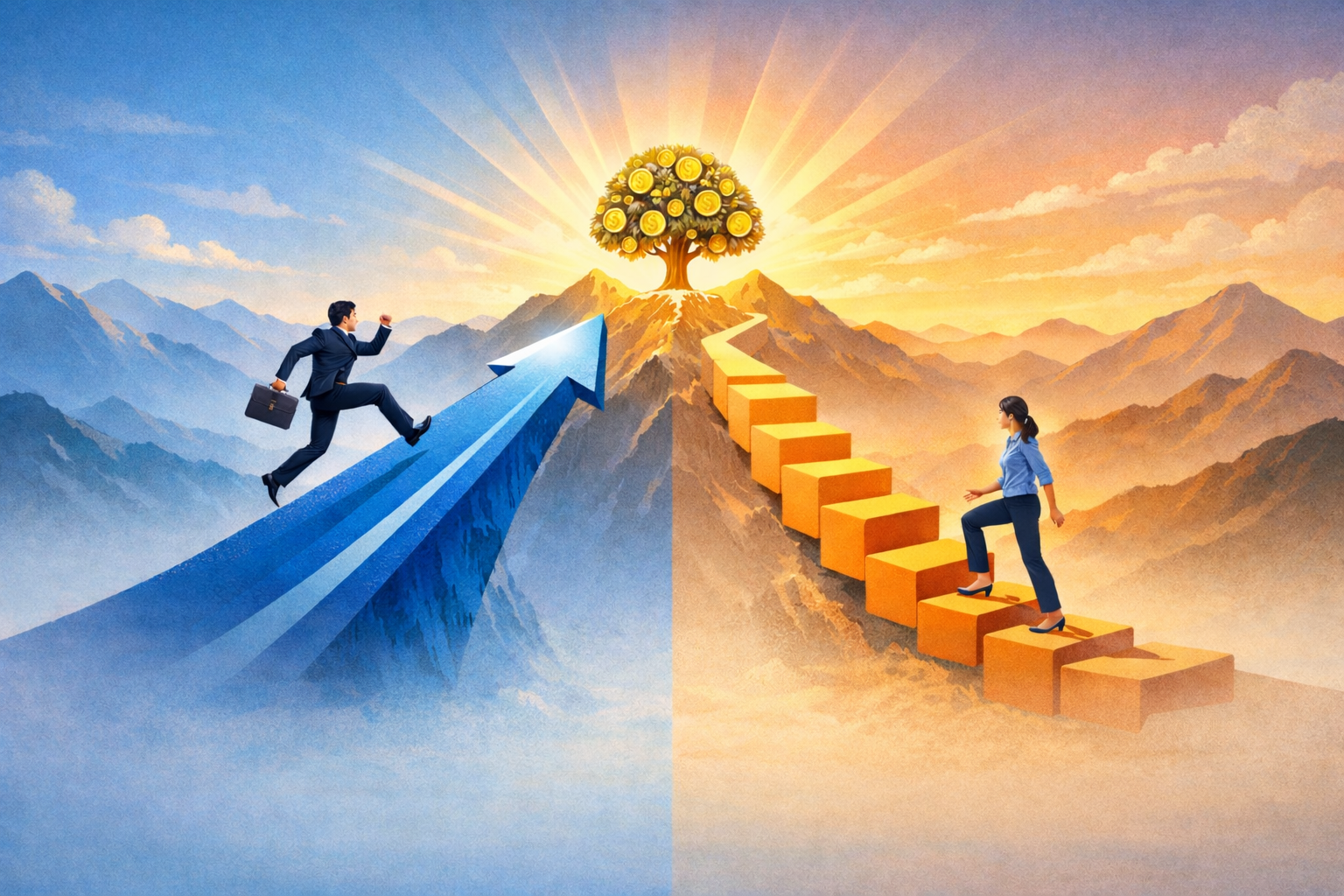 「一括投資」を象徴する急な青い坂道と、「積立投資」を象徴する緩やかなオレンジの階段が、最終的に同じ「資産形成」という輝く山頂で合流する様子を描いたコンセプトイラスト。