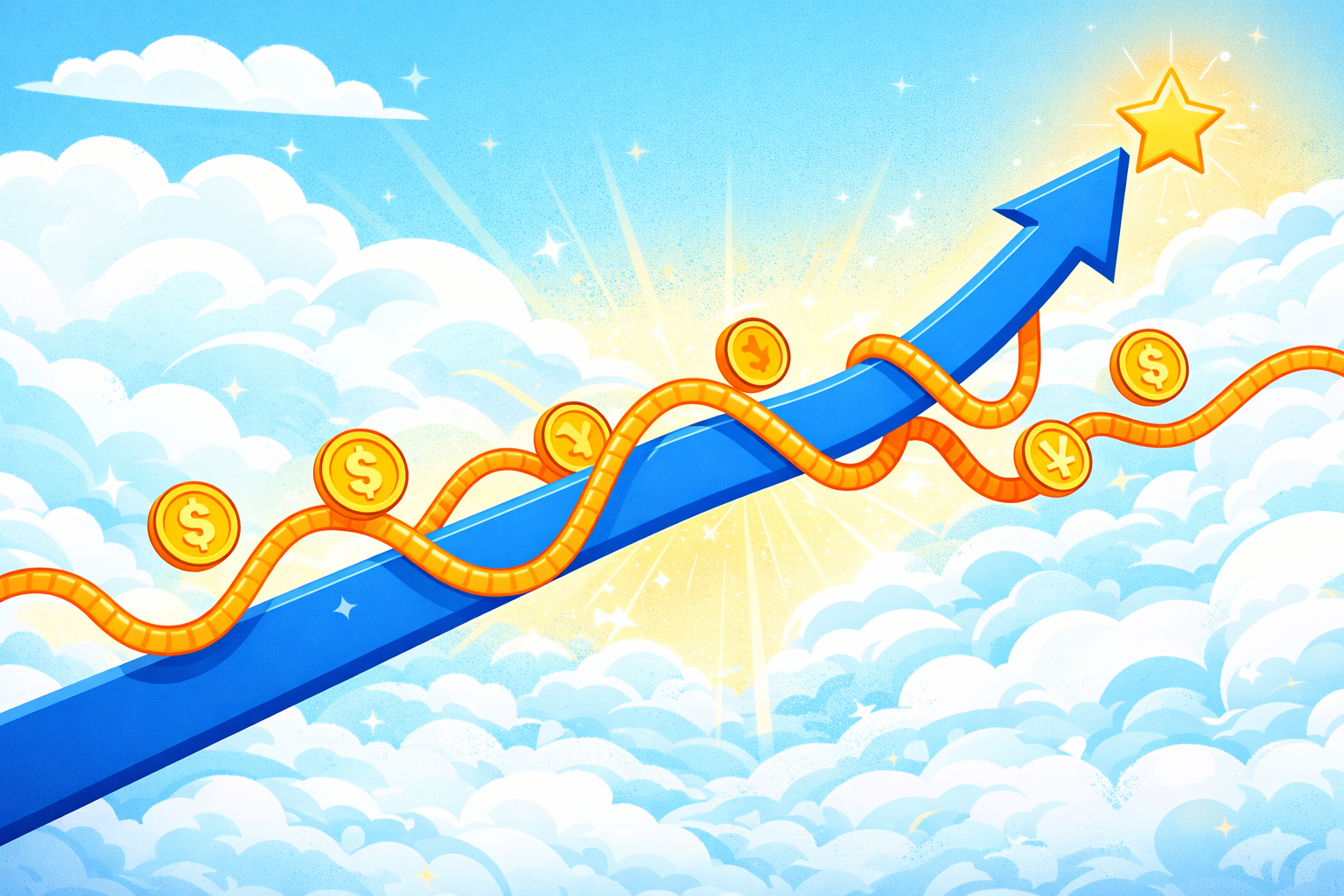 ポップなイラスト調のアイキャッチ画像。力強く右肩上がりに進む太い青色の矢印（株価成長を象徴）に、波打つオレンジ色の線（為替変動を象徴）が楽しげに絡みついている。青い矢印は波に影響されつつも上昇を続けており、長期投資における成長の優位性を文字なしで視覚的に表現している。