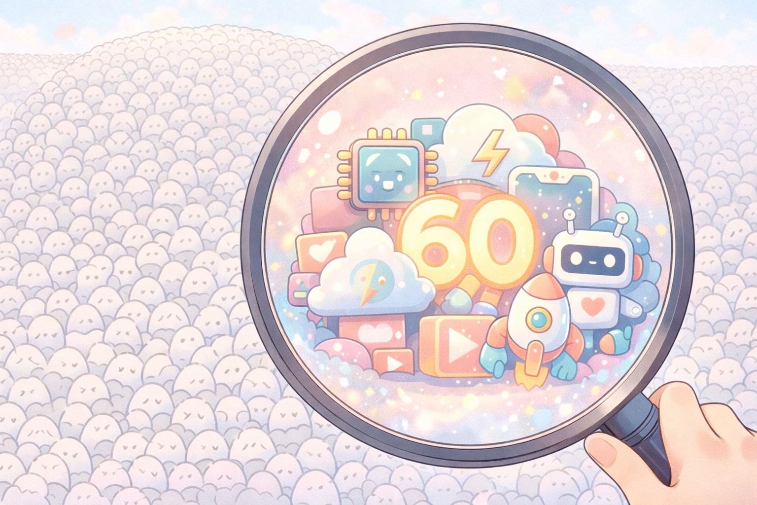 アイキャッチ画像。巨大な虫眼鏡が、無数の小さなおにぎりのように見える集団の真実を暴いている。虫眼鏡の中では、ごく少数の巨大でかわいらしいテック系のメカアイコンが互いに結びつき、全体の構造を支配している様子が描かれている。見かけの分散と実態の集中を、親しみやすい日本のイラストタッチで視覚的に表現している。