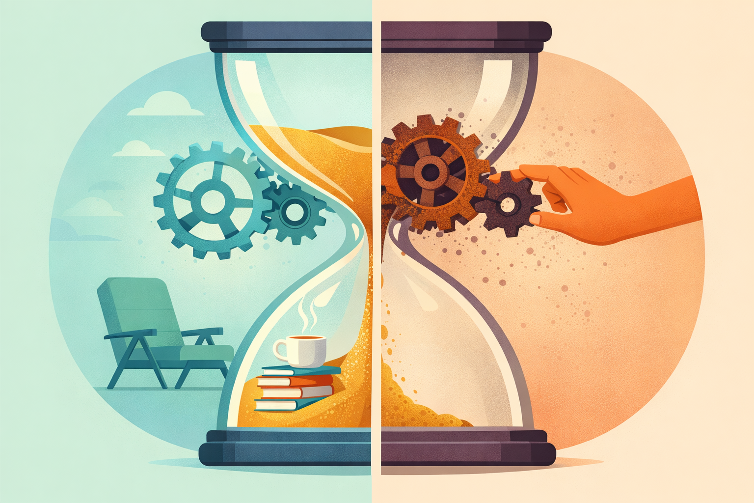 投資コストの違いが将来の自由時間に与える影響を示すイラスト。左側はスムーズな仕組みで時間が十分に確保されている状態を、右側はコストがボトルネックとなり時間が奪われている状態を、砂時計と歯車の対比で表現している。