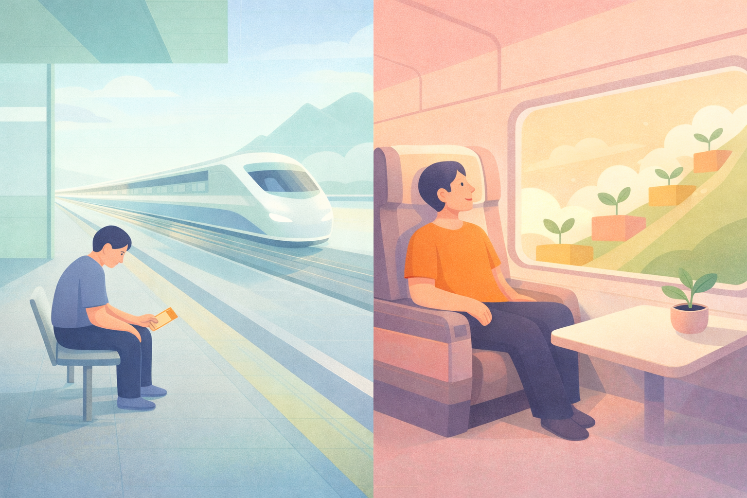 投資の機会損失をテーマにしたパステルカラーのフラットイラスト。左側は「暴落待ち」を象徴し、駅のホームで考え込み、上昇する市場を表す高速列車に乗り遅れる人物を描写。右側は「即時積立」を象徴し、すでに列車に乗ってリラックスし、車窓から右肩上がりの風景を眺めながら資産の芽を育てる人物を描き、市場に参加し続けることの優位性を表現している。