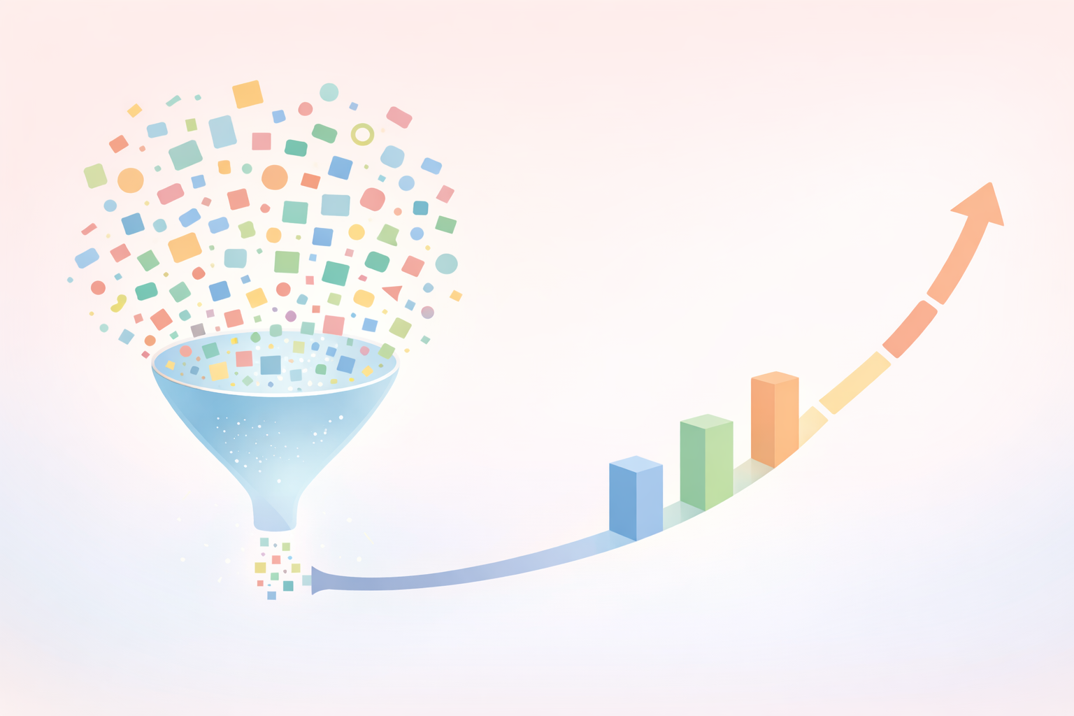 データの選別と最適化を示すイラスト。左側にある大量の雑多なデータブロックが、中央のフィルターを通ることで整理され、右側では選ばれた少数のブロックだけで綺麗な上昇トレンドの矢印を描いている。「サンプリング法」によって効率的に指数を再現する様子を視覚化したもの。