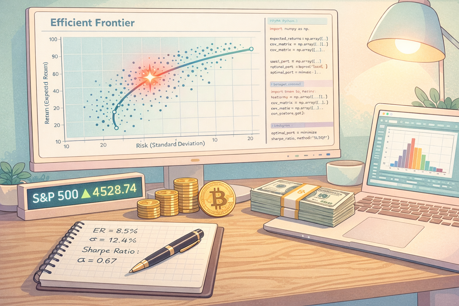 効率的フロンティアのグラフが表示されたモニターと、デスク上に置かれたS&P500のチャート、金貨、ビットコイン、そして現金の束。エンジニアが資産配分のデータ分析を行っている様子。