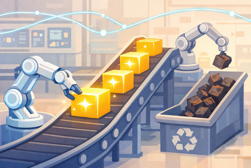 インデックスの自己修復機能を工場のラインに例えたイラスト。ロボットアームが時価総額の増えた成長企業を自動で選別し、衰退した企業を排除する新陳代謝の様子。