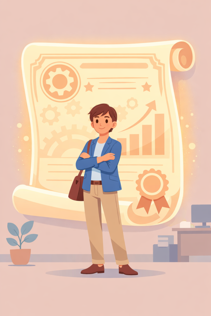 自信に満ちた若い会社員の後ろに、巻物のような巨大な債券証書がオーラのように浮かんでいるパステル調のイラスト。「人的資本」という見えない資産の大きさを表現している。