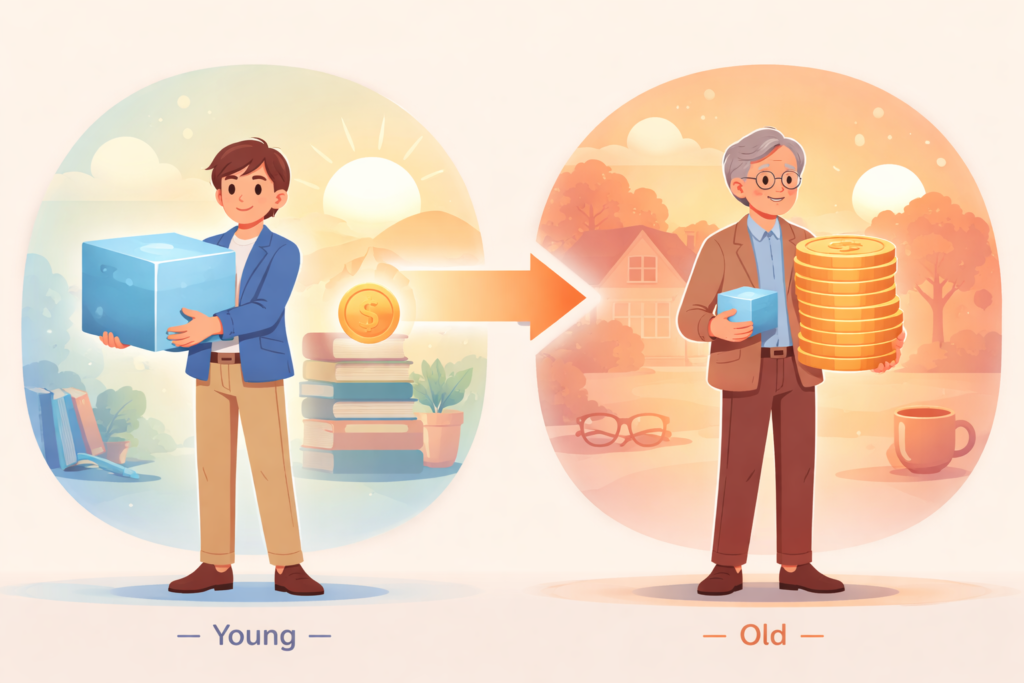 人生のタイムラインを示すイラスト。左側の「若年期」では人物が大きな青いブロック（人的資本）と小さなオレンジのコイン（金融資産）を持ち、右側の「老年期」では小さな青いブロックと積み上がった大量のオレンジのコインを持っている。労働がお金に変わるプロセスを表現。