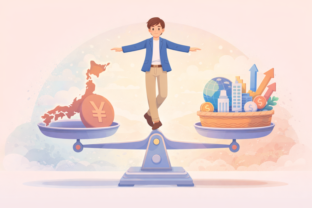 大きな天秤の上でバランスを取る会社員のイラスト。左の皿には「日本地図と円マーク」の形をした重りがあり、右の皿には「地球儀やドルなどの外貨記号」が入ったバスケットが乗っており、釣り合っている。給与（日本円）と投資（外貨）のリスク分散を表現。