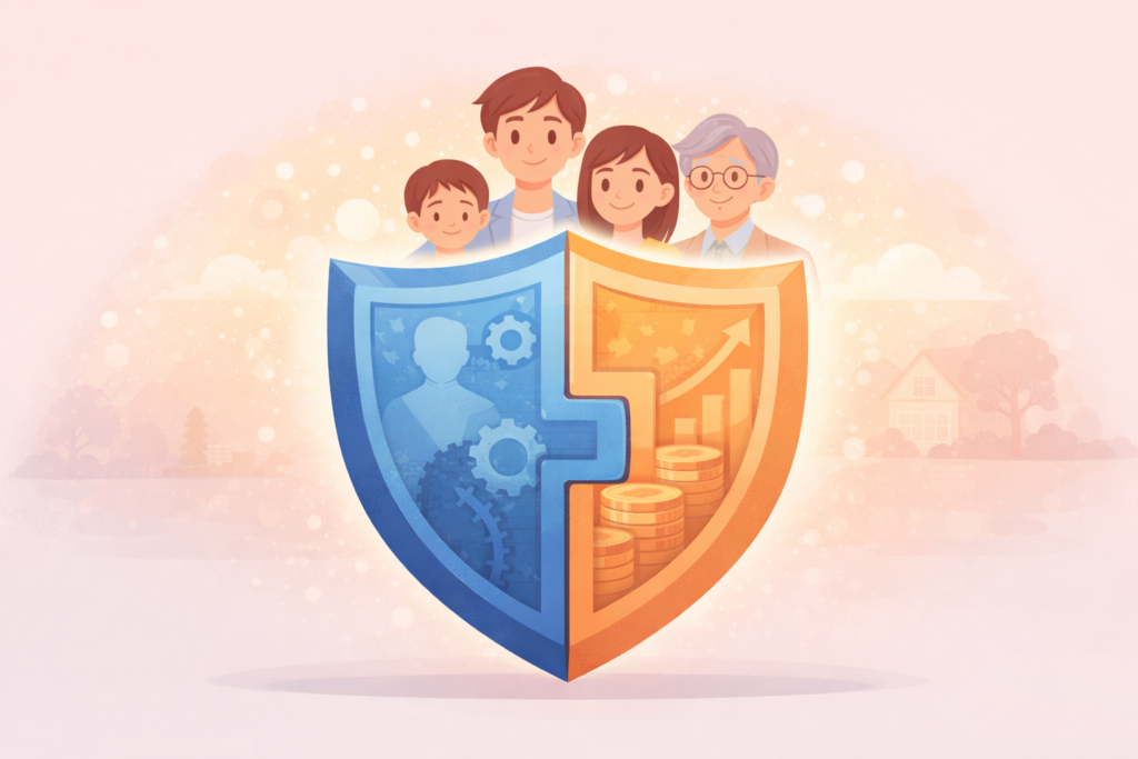 青色（労働・スキル）とオレンジ色（投資・成長）の2つのパーツがパズルのように組み合わさってできた強固な盾のイラスト。その盾の後ろで人物が守られており、人的資本と金融資産が一体となって人生を守る様子を表現している。