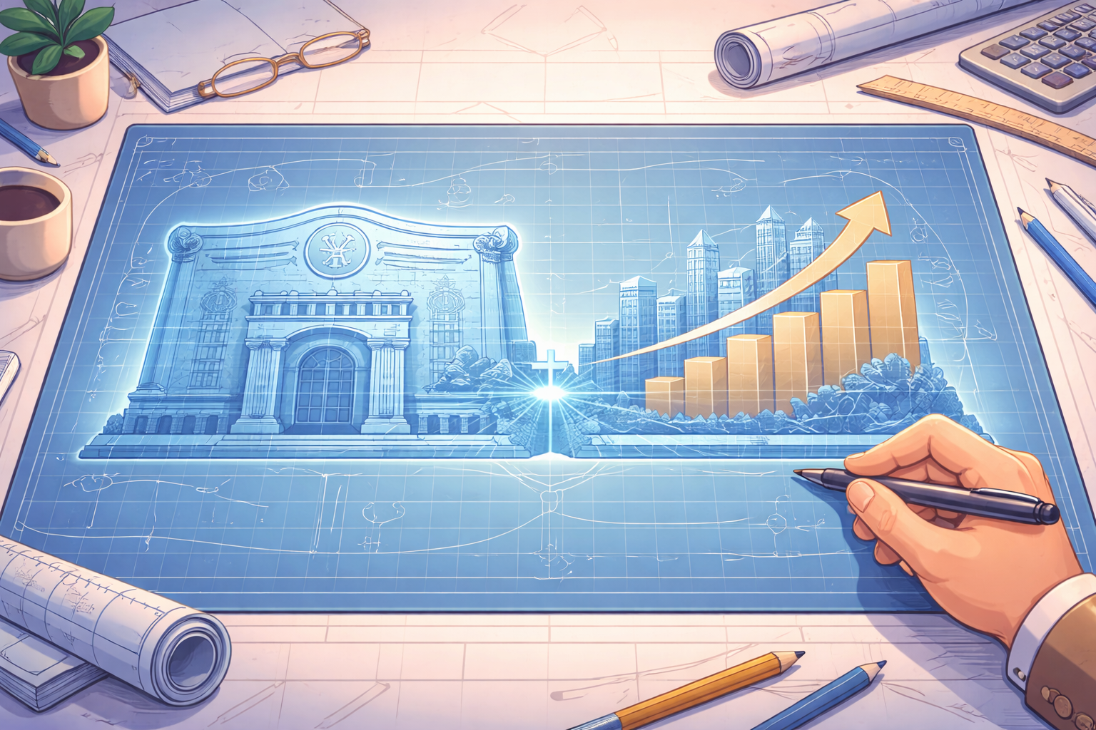 青い設計図（ブループリント）に描かれた資産形成の戦略イラスト。左側の巨大な安定した構造物が「人的資本（債券）」を、右側の右肩上がりのグラフが「金融資産（株式）」を表し、それらが統合された堅牢なポートフォリオシステムをエンジニアが設計している様子。