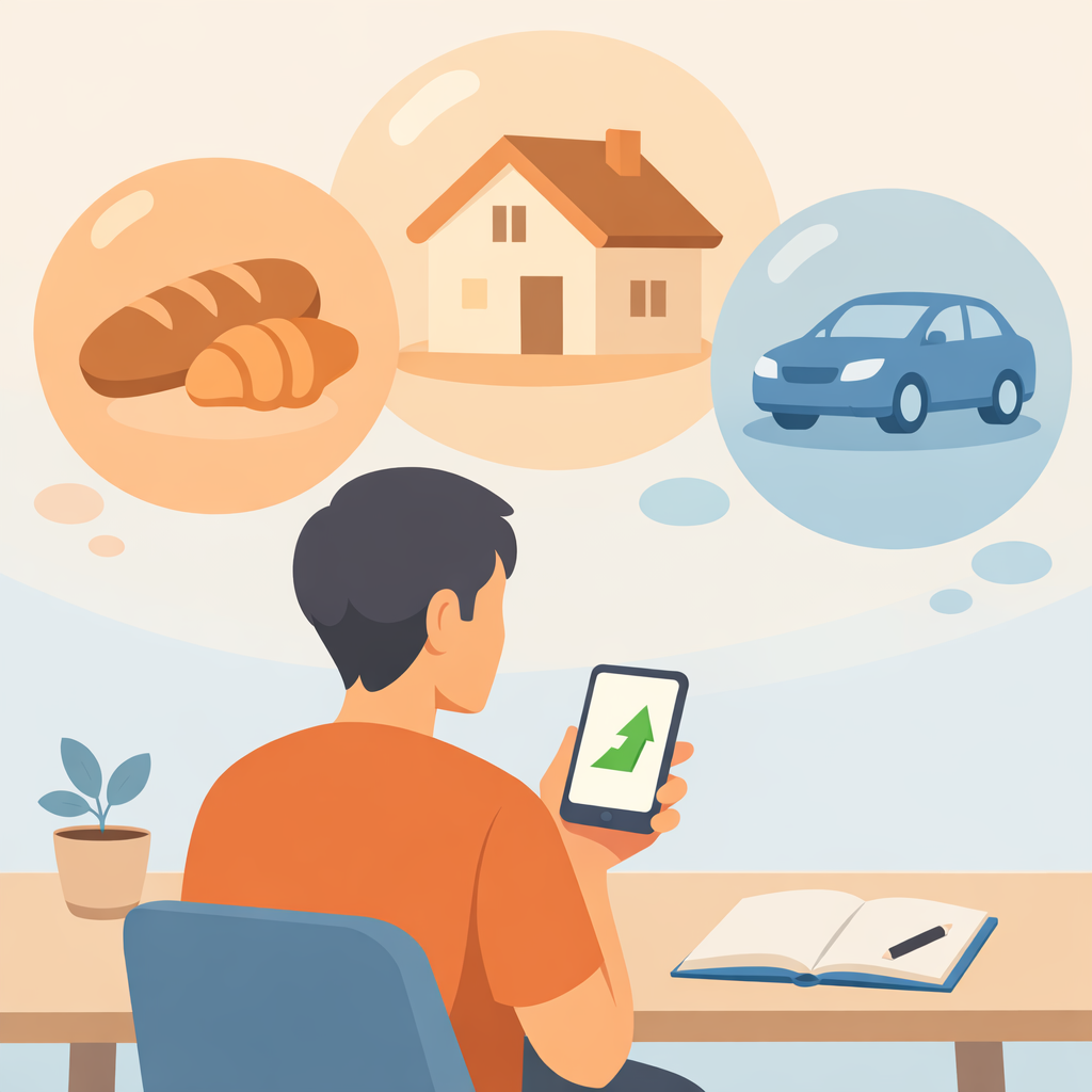 銀行の通帳に記帳された少額の利息を見て喜ぶ人の背後で、商品の価格（インフレ）が大きく上昇している様子を描いたイラスト。