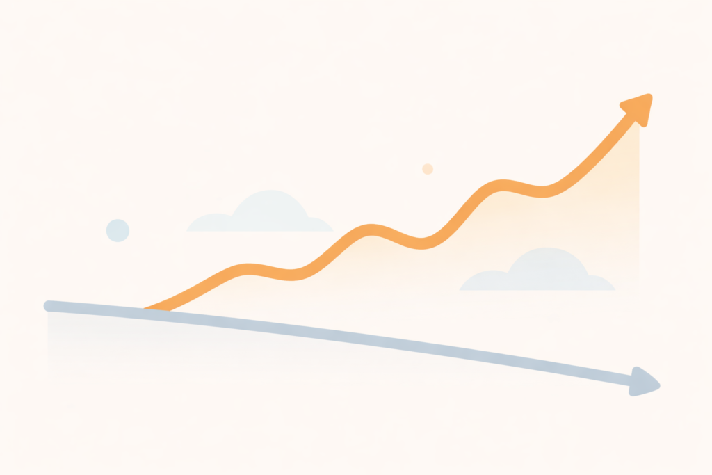 2つの道の比較イラスト。左側の「現金」の道は真っ直ぐで滑らかだが、下り坂になっている。右側の「投資」の道は波打っており上下動があるが、全体としては上り坂で、最終的には現金よりも高い位置に到達している。