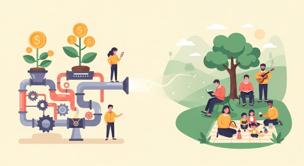 フラットなパステル調のイラスト。背景で自動化システムが静かに稼働する中、手前で読書や家族との時間を楽しむ人々が描かれ、投資の自動化が人生の豊かさに繋がることを表現している。