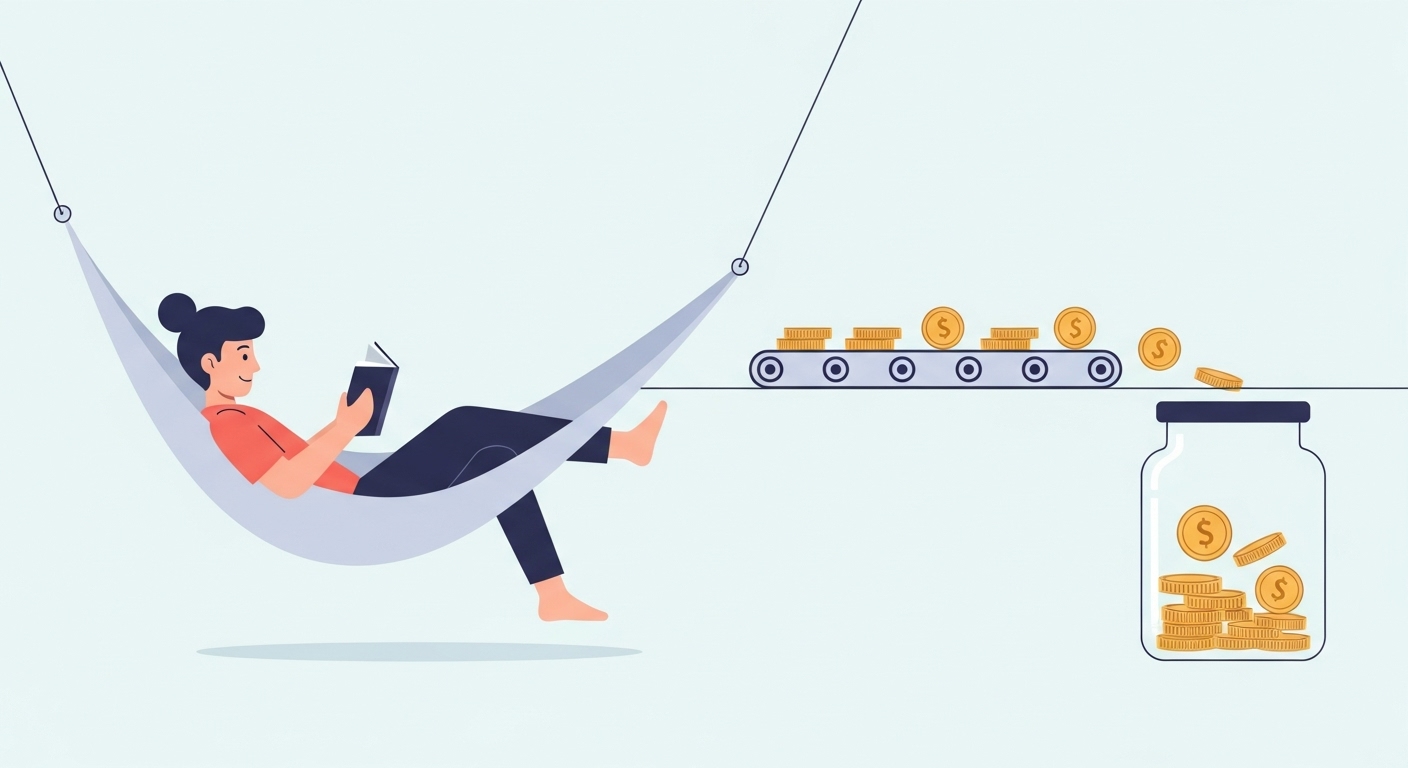 「パステルカラーのシンプルなフラットイラスト。ハンモックで読書をしてリラックスしている人の背景で、単純な構造の自動コンベアが静かにコインを貯金箱へ運んでいる様子。投資を自動化して生まれたゆとりの時間を表現している。」