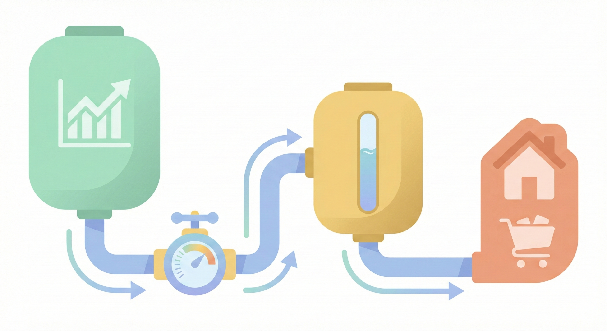 リスク資産から定率で取り崩された資金が、一度『現金クッション』というタンクに貯まり、そこから安定した『生活費』として支出される仕組みを説明する概念図。好景気時の蓄えと不景気時の補填の関係を視覚的に表現した図解。
