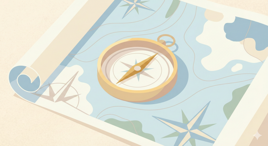 投資の航海図の上に置かれた羅針盤のイラスト。4%ルールを固定的な法則ではなく、進むべき方向を示すガイド(生存戦略)として捉える重要性を象徴するイメージ画像。