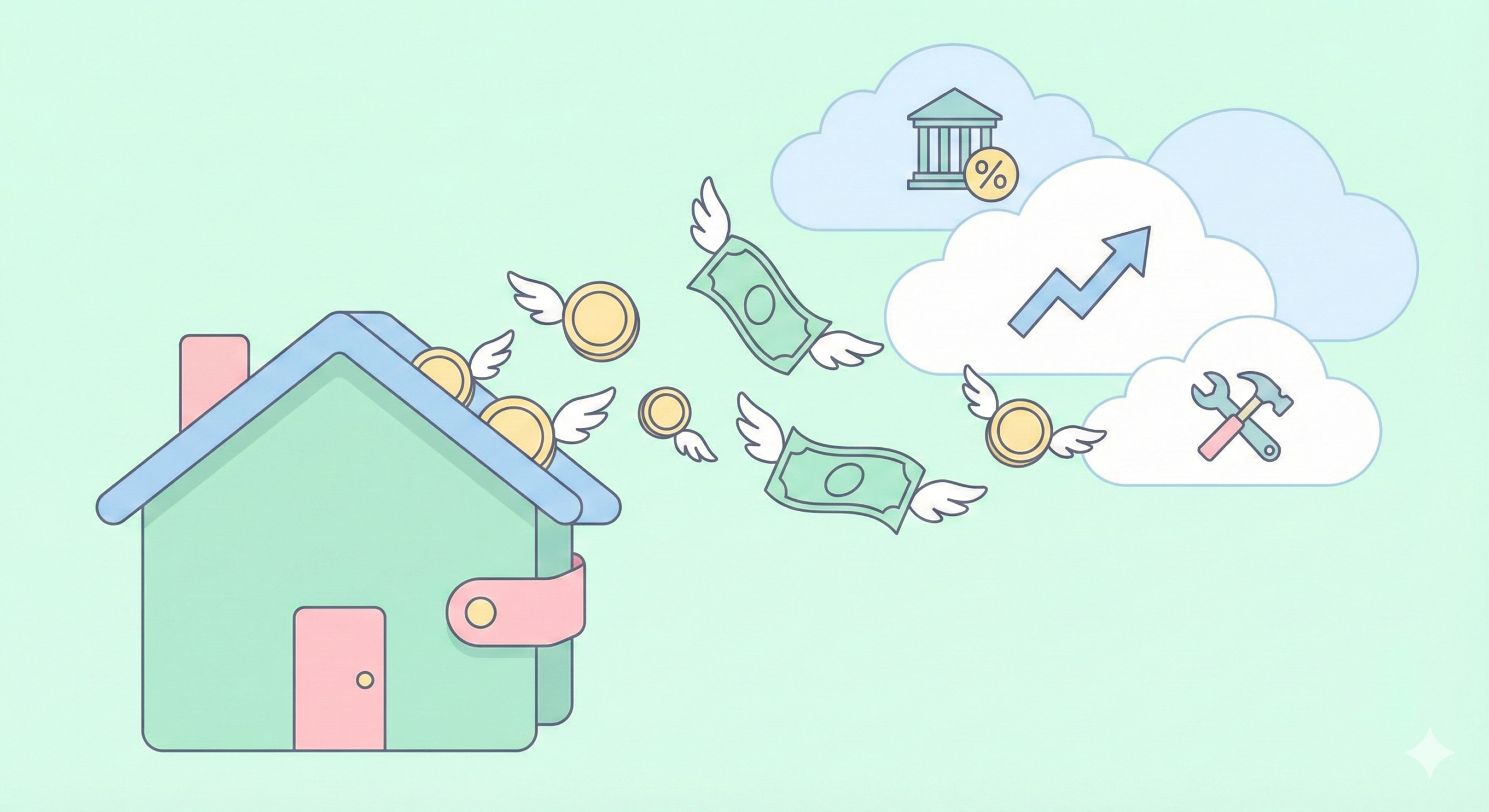 家の形をした財布から、税金や金利、修繕を示すアイコンと共に、羽の生えたお金が飛んでいく様子を描いたパステル調のイラスト。