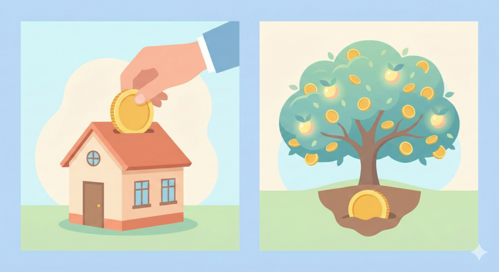 左側は家の形の貯金箱にコインを入れる様子、右側は土に埋めたコインから大きな金のなる木が育っている様子を対比させた、機会損失を表すパステル調のイラスト。