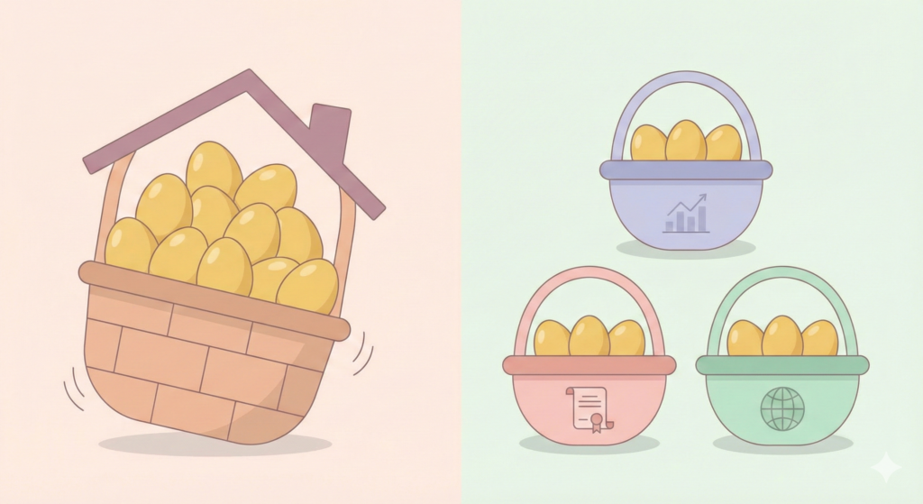 左側は一つの不安定な家のカゴに卵が山積みで揺れている様子、右側は複数の安定したカゴに卵が分散されている様子を描いた、リスク分散のパステル調イラスト。