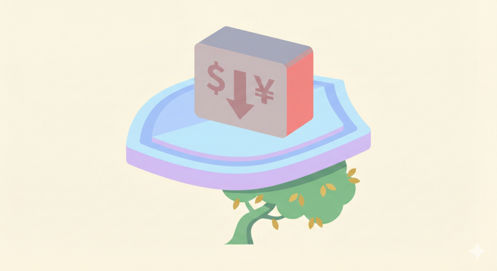 為替ヘッジを象徴するパステルブルーの盾が、金利差コストという大きな重りに押しつぶされ、その下にある資産の成長(若木)を阻害している様子を描いたフラットなパステル調イラスト。