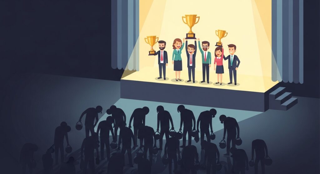 華やかなステージ上でスポットライトを浴びる少数の成功した投資家と、そのステージの下の暗がりで大勢の失敗した投資家がうなだれて立ち去る様子を描いた、生存者バイアスを表現するイラスト。