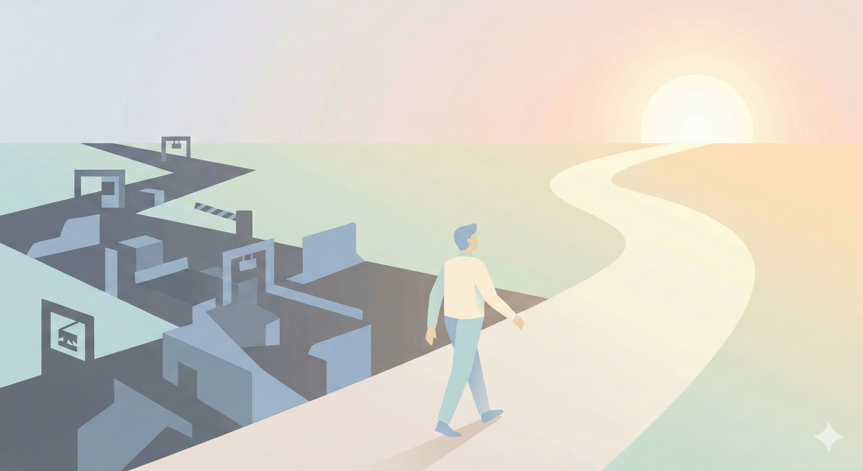 険しく複雑な道と、平坦で明るい道の分岐点。シンプルなシェイプで描かれた投資家が、迷わず平坦で合理的な道を選んで進んでいく様子を、縁取りのないクリーンなスタイルで表現したイラスト。