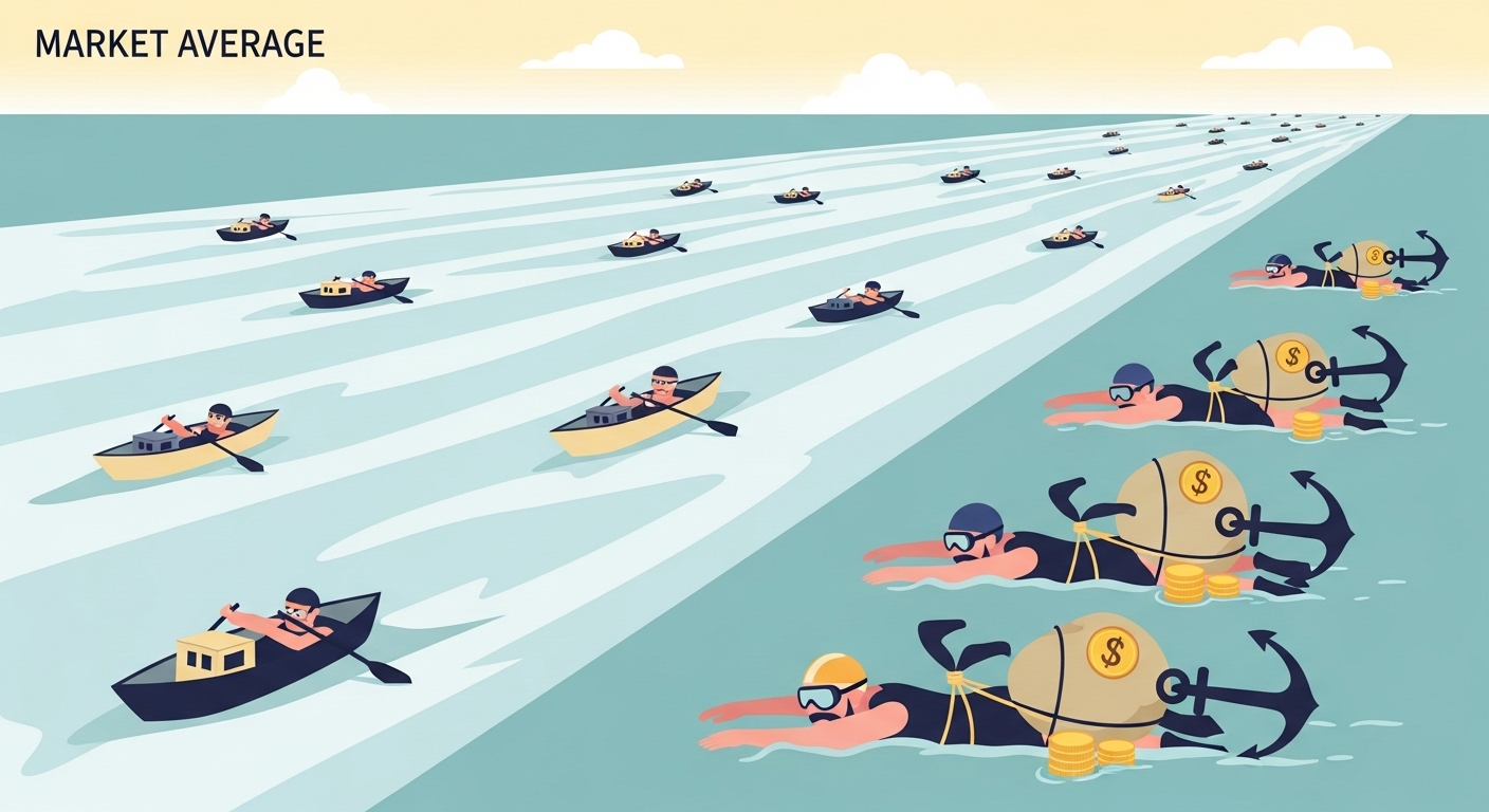 「市場平均」を表す穏やかな大河の流れに乗って進むボートと、重い錨（コスト）を背負いながら必死に泳ぐプロの投資家を描いた、インデックス運用とアクティブ運用の対比イラスト。