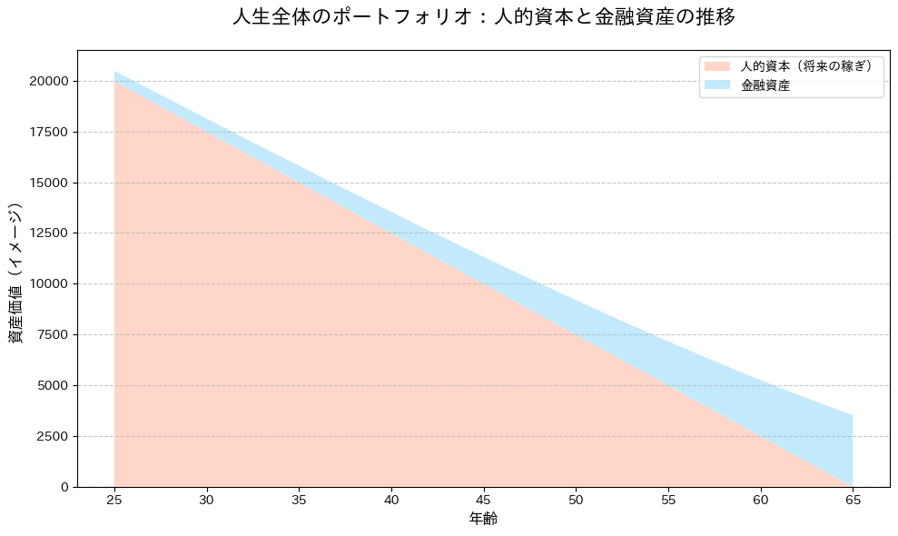 年齢とともに人的資本が減少し、金融資産が増加していく過程を示すスタックエリアチャート。合計資産のバランスを可視化している。