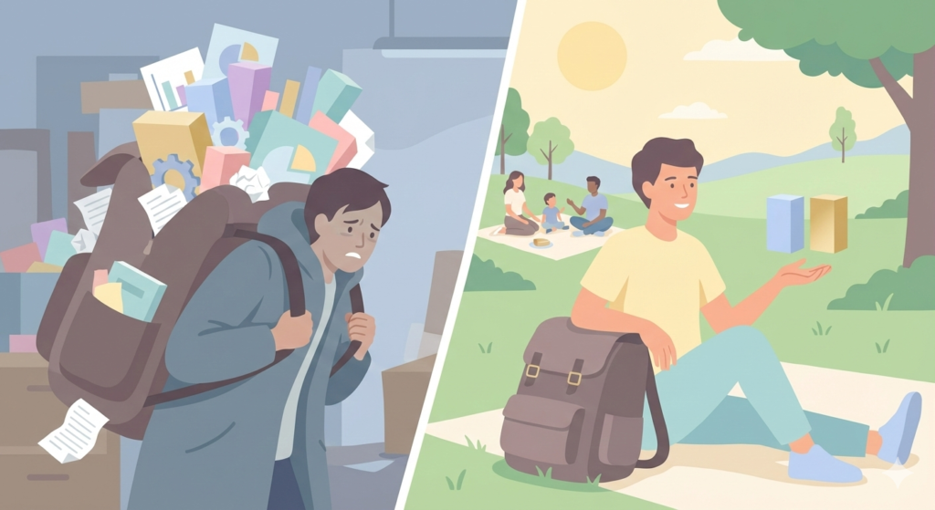 重いバックパック（複雑な投資）を背負い苦労する姿と、それを下ろしてシンプルなブロック（現金と株式）を持ち、家族と穏やかに過ごす姿を対比させた、解放感のあるパステル調のイラスト。