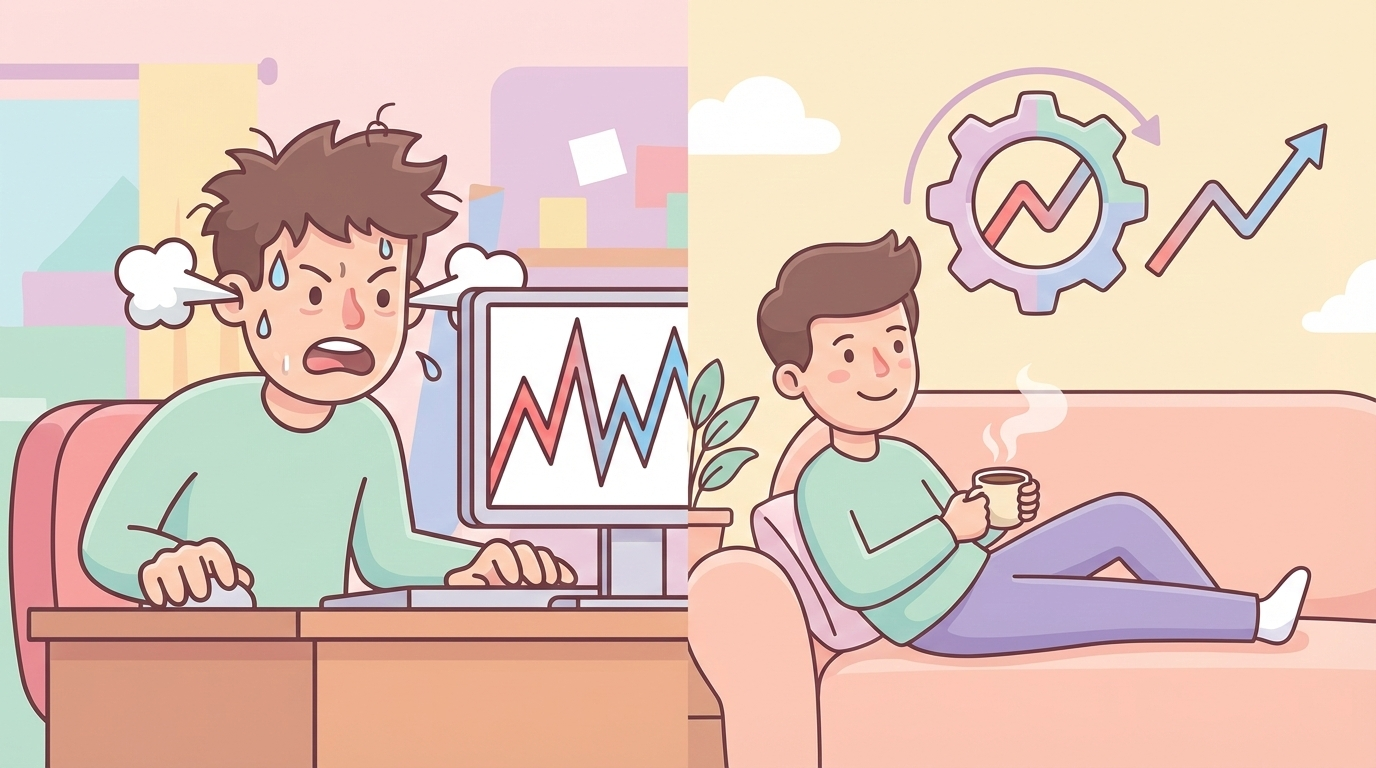 株価チャートを見てパニックになり汗をかいている投資家と、システムに任せてソファでリラックスしている投資家を対比させた、文字のないシンプルなアイキャッチイラスト。