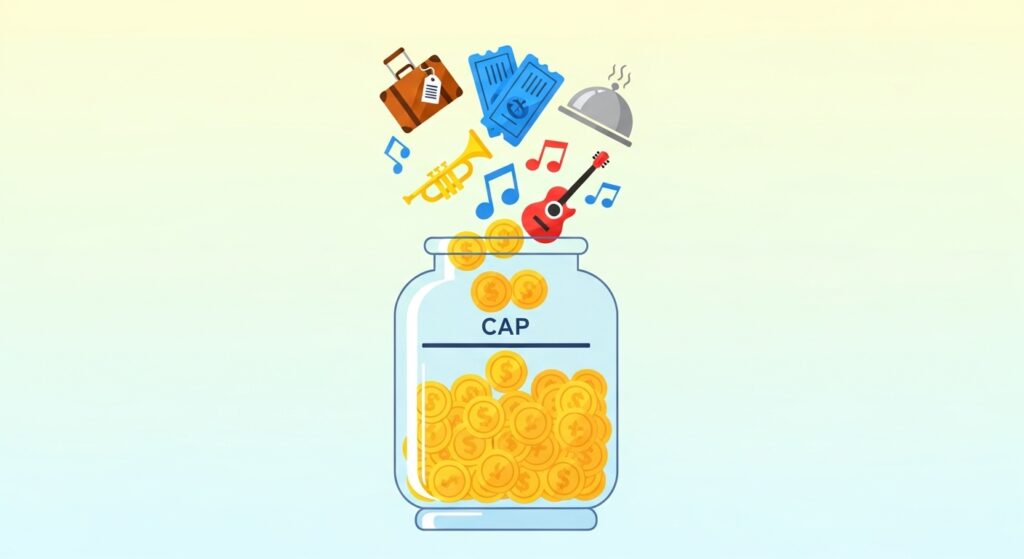 「CAP」と記されたラインまでコインが詰まった容器から、溢れたお金が旅行鞄やチケット、食事などの経験アイコンに変わって飛び出していくイラスト。