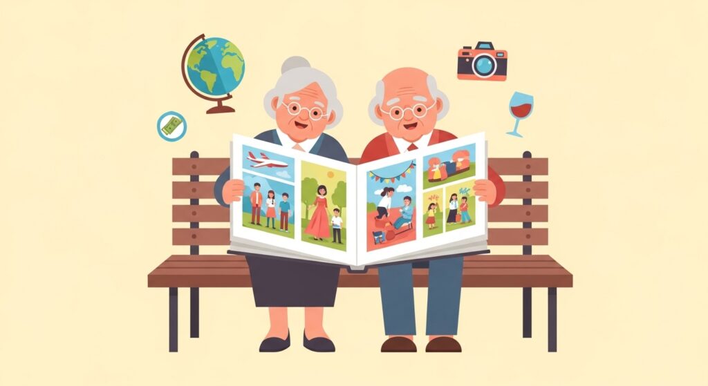 通帳ではなく、豊かな思い出が詰まったアルバムを見返しながら満ち足りた表情でベンチに座る老夫婦のイラスト。