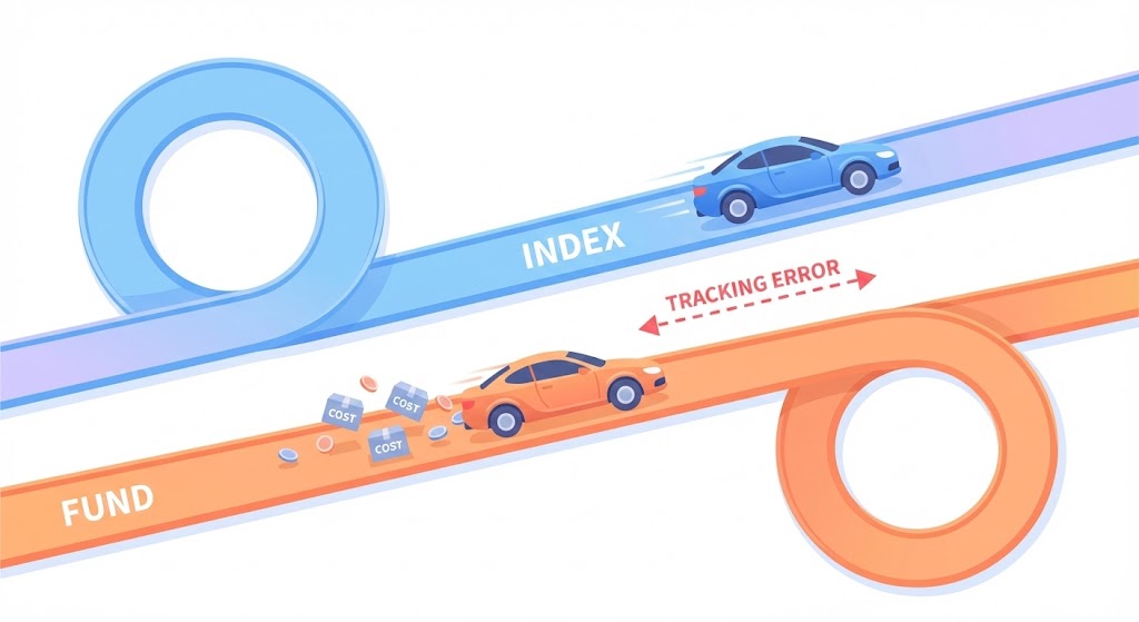 インデックス投資におけるトラッキングエラーとコストの概念図：指数から乖離し、運用コストを排出しながら走行するファンドを車に例えた比較図
