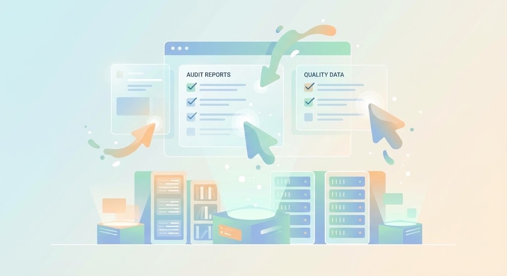 投資信託の品質監査アーカイブのイメージ図：蓄積された膨大なデータを解析し、信頼性の高い監査レポートとして可視化するプロセスを表現したグラフィック