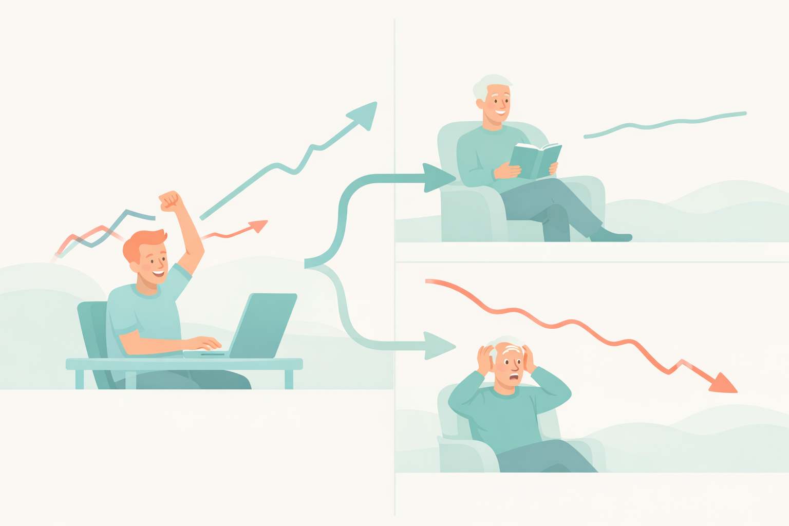 資産形成期から取り崩し期への時間経過を示すイラスト。左側の働く若い男性から、右方向を示す矢印が伸び、それが分岐して右上の穏やかな老後と、右下の市場急落に慌てる老後の様子をそれぞれ指し示している。